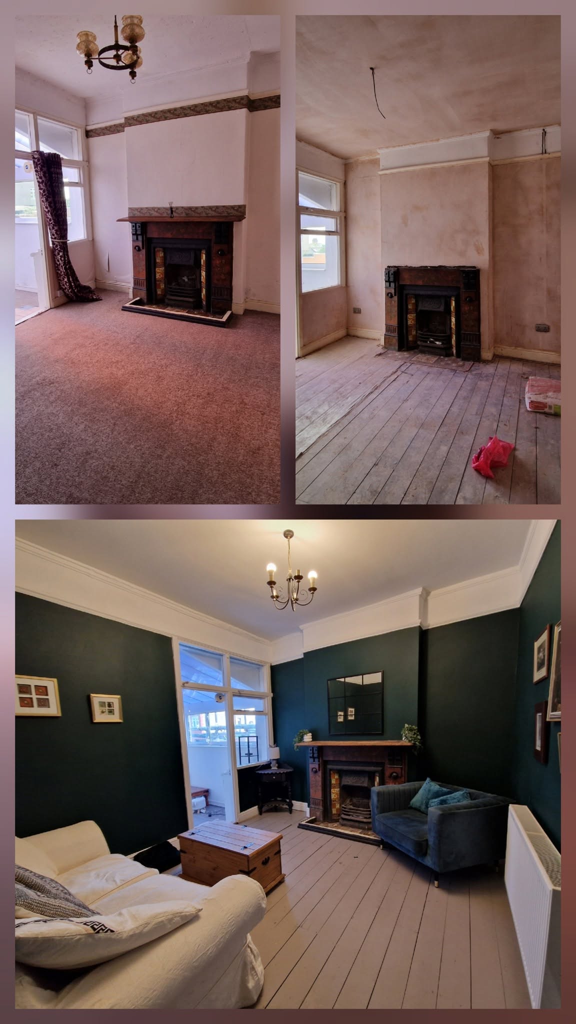 Living room stripped back and redecorated in green
